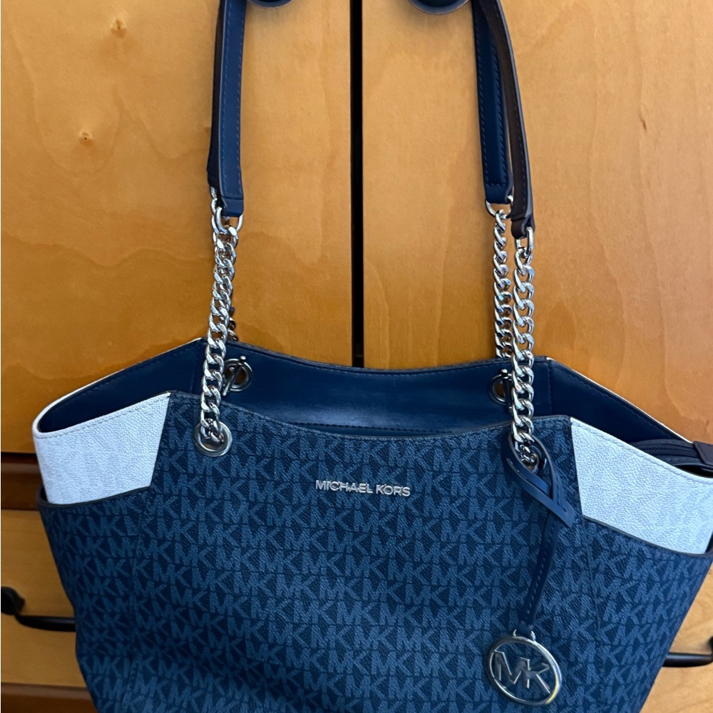 Michael Kors Navy and White MK Logo Chain Shoulder Tote